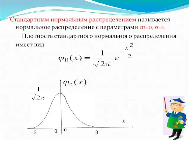 Стандартным нормальным распределением называется нормальное распределение с параметрами m=0, σ=1. Плотность стандартного