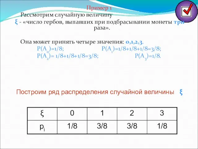 Пример 1 Рассмотрим случайную величину ξ - «число гербов, выпавших при подбрасывании