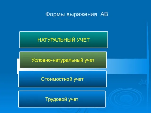 Формы выражения АВ НАТУРАЛЬНЫЙ УЧЕТ Условно-натуральный учет Стоимостной учет Трудовой учет