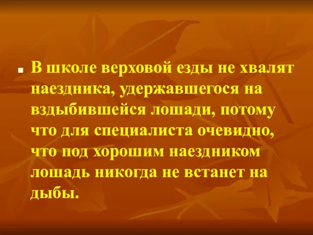 В школе верховой езды не хвалят наездника, удержавшегося на вздыбившейся лошади, потому