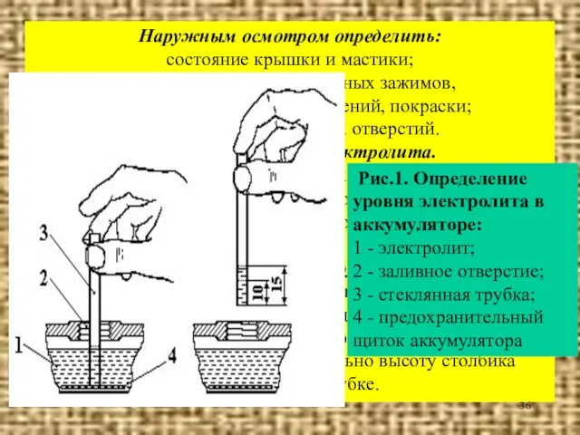 Наружным осмотром определить: состояние крышки и мастики; целостность ящика, выводных зажимов, межаккумуляторных