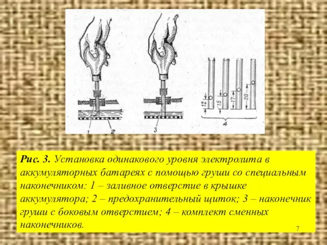 Рис. 3. Установка одинакового уровня электролита в аккумуляторных батареях с помощью груши