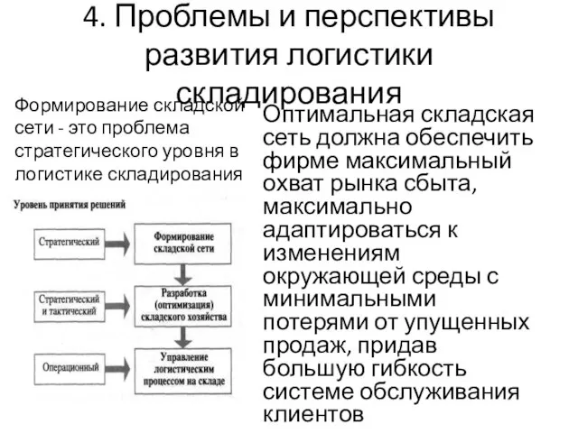 4. Проблемы и перспективы развития логистики складирования Оптимальная складская сеть должна обеспечить