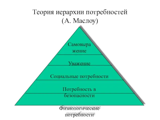 Теория иерархии потребностей (А. Маслоу) Самовыра жение Уважение Социальные потребности Потребность в безопасности Физиологические потребности