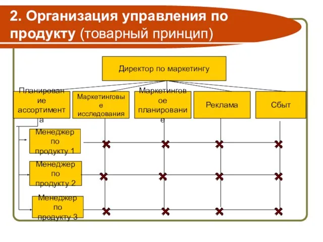 2. Организация управления по продукту (товарный принцип) Директор по маркетингу Планирование ассортимента