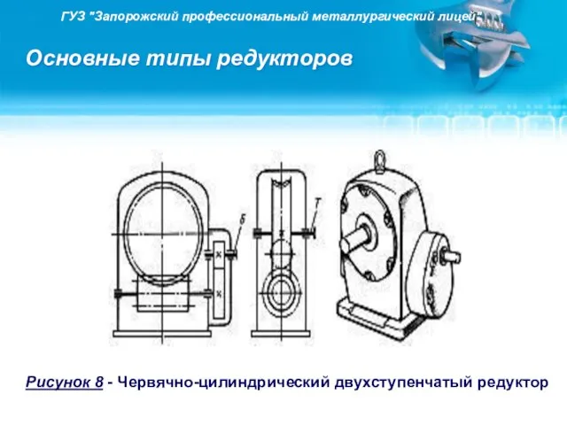 ГУЗ "Запорожский профессиональный металлургический лицей" Основные типы редукторов Рисунок 8 - Червячно-цилиндрический двухступенчатый редуктор