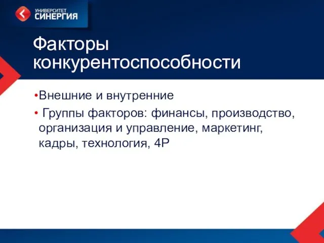 Факторы конкурентоспособности Внешние и внутренние Группы факторов: финансы, производство, организация и управление, маркетинг, кадры, технология, 4P