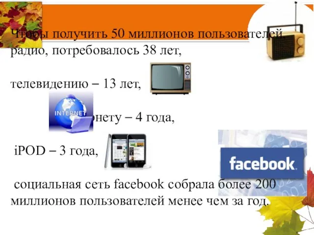 Чтобы получить 50 миллионов пользователей, радио, потребовалось 38 лет, телевидению – 13