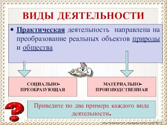 ВИДЫ ДЕЯТЕЛЬНОСТИ Практическая деятельность направлена на преобразование реальных объектов природы и общества