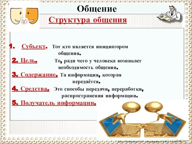 Общение Структура общения Субъект. Тот кто является инициатором общения. 2. Цель. То,