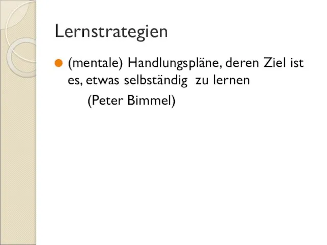 Lernstrategien (mentale) Handlungspläne, deren Ziel ist es, etwas selbständig zu lernen (Peter Bimmel)