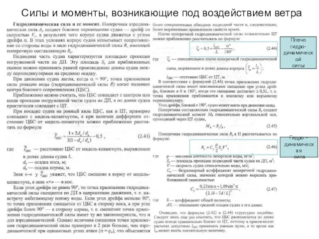 Силы и моменты, возникающие под воздействием ветра Гидро – динамическая сила Плечо гидро- динамической силы