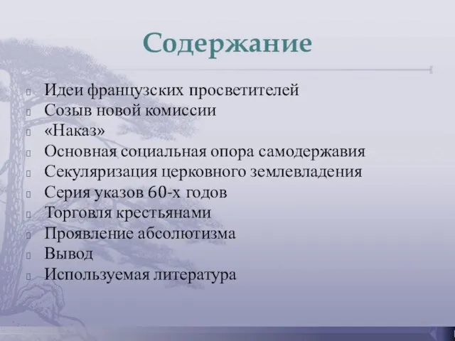 Содержание Идеи французских просветителей Созыв новой комиссии «Наказ» Основная социальная опора самодержавия