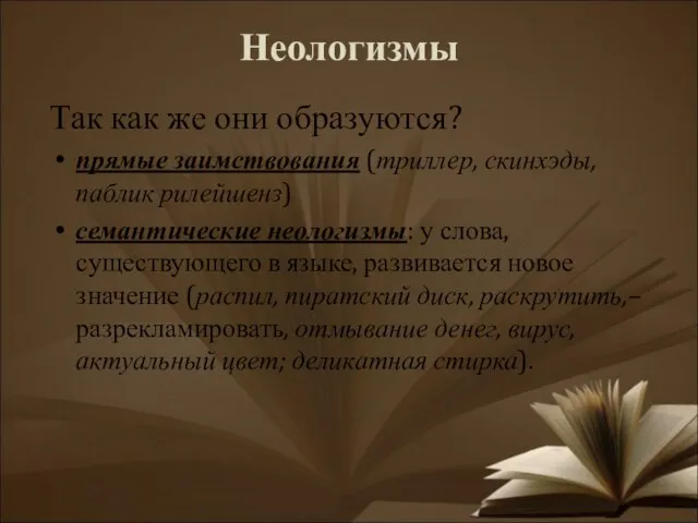 Неологизмы Так как же они образуются? прямые заимствования (триллер, скинхэды, паблик рилейшенз)