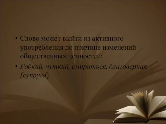 Слово может выйти из активного употребления по причине изменений общественных ценностей: Робкий, чуткий, смириться, благоверная (супруга)