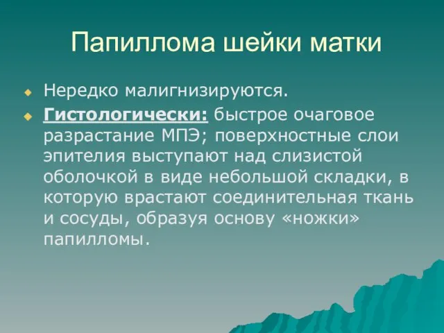 Папиллома шейки матки Нередко малигнизируются. Гистологически: быстрое очаговое разрастание МПЭ; поверхностные слои