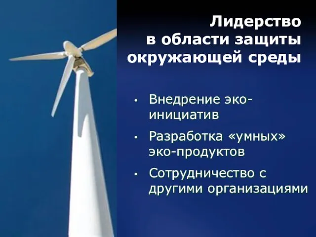 Внедрение эко-инициатив Разработка «умных» эко-продуктов Сотрудничество с другими организациями Лидерство в области защиты окружающей среды