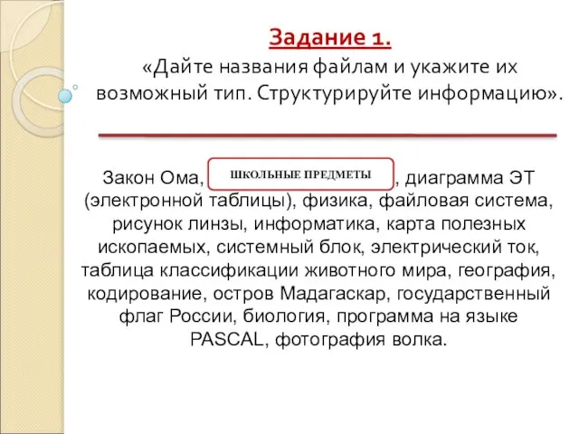 Задание 1. «Дайте названия файлам и укажите их возможный тип. Структурируйте информацию».