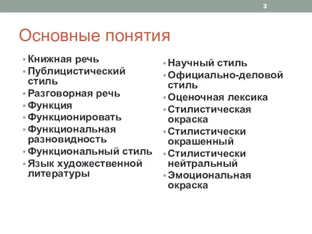 Основные понятия Книжная речь Публицистический стиль Разговорная речь Функция Функционировать Функциональная разновидность