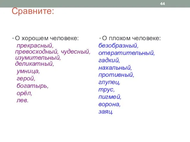 Сравните: О хорошем человеке: прекрасный, превосходный, чудесный, изумительный, деликатный, умница, герой, богатырь,