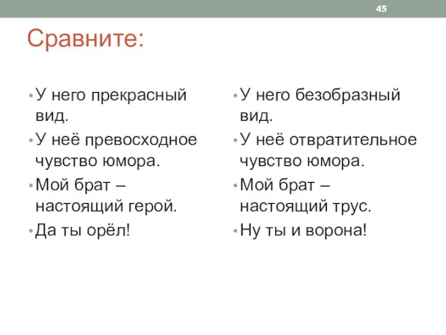 Сравните: У него прекрасный вид. У неё превосходное чувство юмора. Мой брат