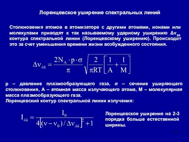 Лоренцевское уширение спектральных линий Столкновения атомов в атомизаторе с другими атомами, ионами