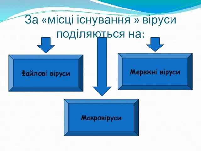 За «місці існування » віруси поділяються на: Файлові віруси Макровіруси Мережні віруси