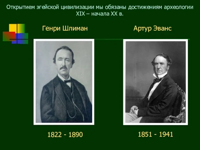 Генри Шлиман Артур Эванс 1822 - 1890 1851 - 1941 Открытием эгейской