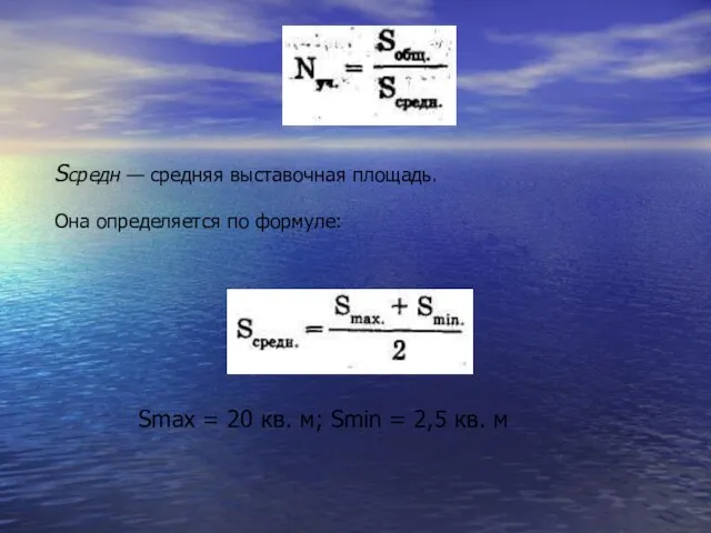 Sсредн — средняя выставочная площадь. Она определяется по формуле: Smax = 20