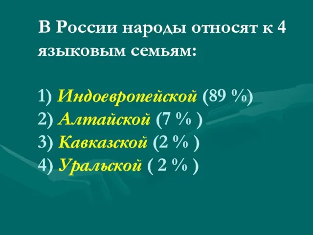 В России народы относят к 4 языковым семьям: 1) Индоевропейской (89 %)