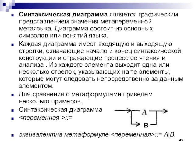 Синтаксическая диаграмма является графическим представлением значения метапеременной метаязыка. Диаграмма состоит из основных