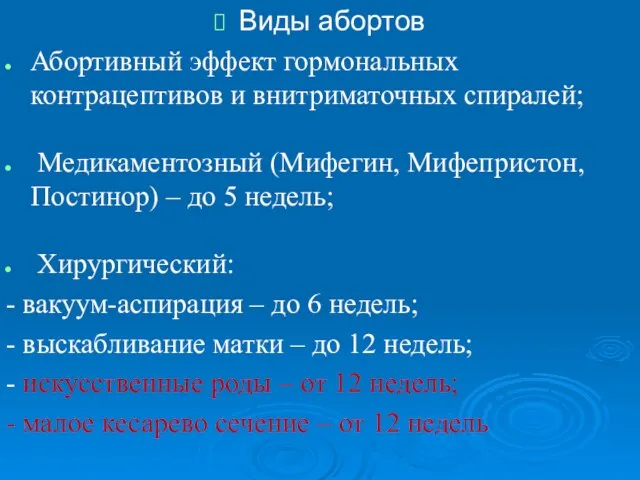 Виды абортов Абортивный эффект гормональных контрацептивов и внитриматочных спиралей; Медикаментозный (Мифегин, Мифепристон,