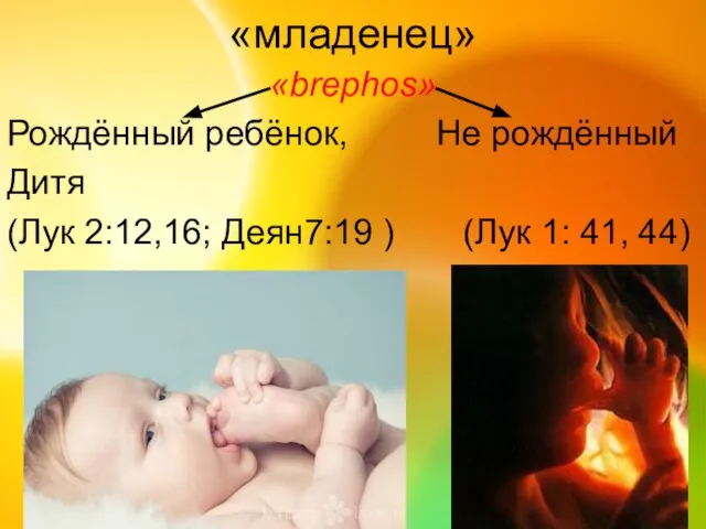 «младенец» «brephos» Рождённый ребёнок, Не рождённый Дитя (Лук 2:12,16; Деян7:19 ) (Лук 1: 41, 44)