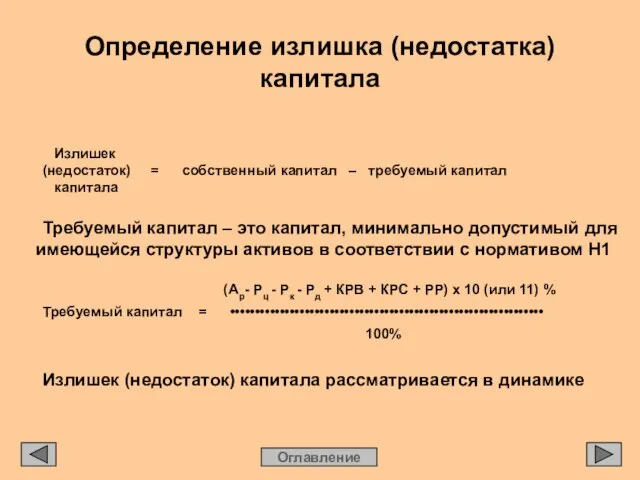 Излишек (недостаток) = собственный капитал – требуемый капитал капитала Требуемый капитал –