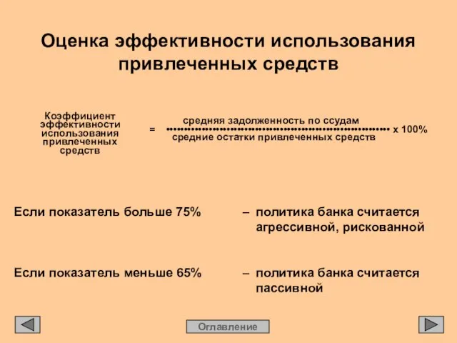 Оценка эффективности использования привлеченных средств Оглавление Коэффициент эффективности использования привлеченных средств средняя