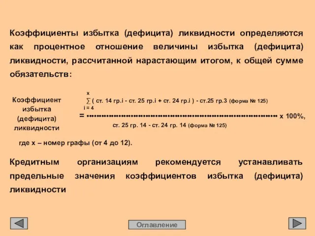 Оглавление Коэффициенты избытка (дефицита) ликвидности определяются как процентное отношение величины избытка (дефицита)