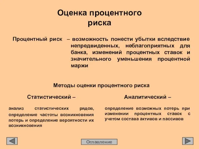 Оценка процентного риска Оглавление Процентный риск – возможность понести убытки вследствие непредвиденных,