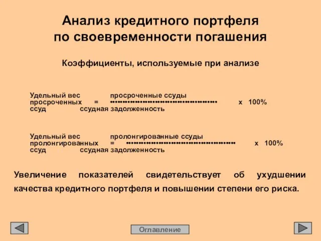 Анализ кредитного портфеля по своевременности погашения Оглавление Коэффициенты, используемые при анализе Удельный