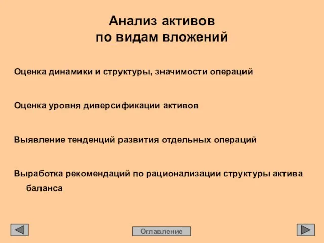 Анализ активов по видам вложений Оценка динамики и структуры, значимости операций Оценка