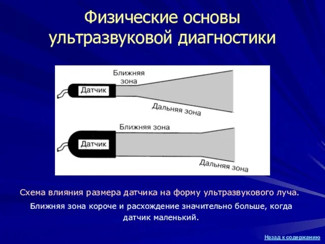 Схема влияния размера датчика на форму ультразвукового луча. Ближняя зона короче и