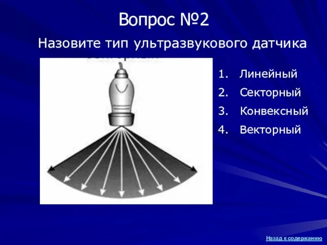 Назовите тип ультразвукового датчика Линейный Секторный Конвексный Векторный Вопрос №2