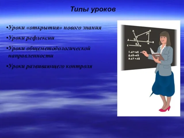 Типы уроков Уроки «открытия» нового знания Уроки рефлексии Уроки общеметодологической направленности Уроки развивающего контроля