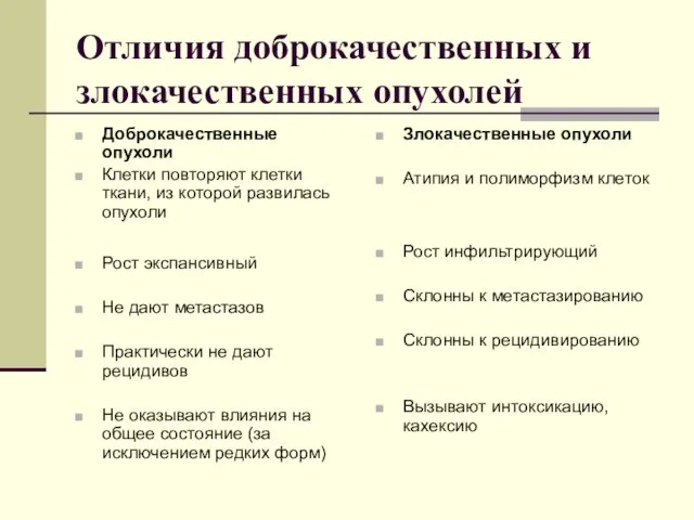 Отличия доброкачественных и злокачественных опухолей Доброкачественные опухоли Клетки повторяют клетки ткани, из