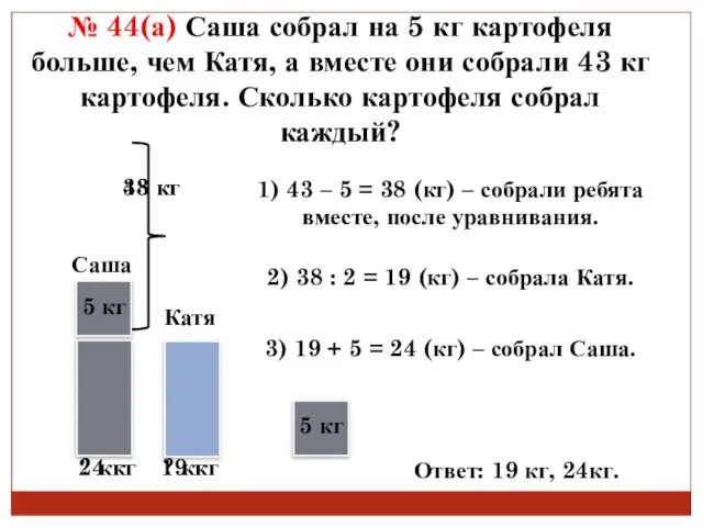 Саша Катя ? кг ? кг 43 кг № 44(а) Саша собрал