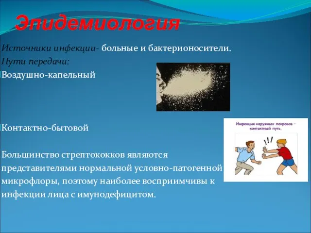 Эпидемиология Источники инфекции- больные и бактерионосители. Пути передачи: Воздушно-капельный Контактно-бытовой Большинство стрептококков