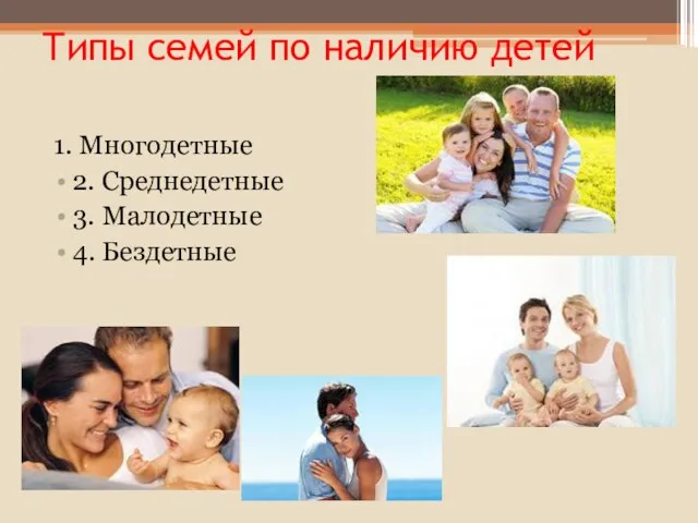 Типы семей по наличию детей 1. Многодетные 2. Среднедетные 3. Малодетные 4. Бездетные