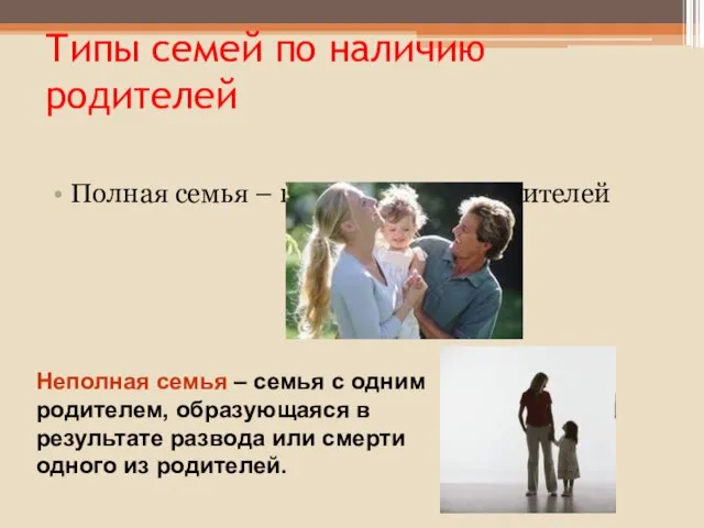 Типы семей по наличию родителей Полная семья – наличие обоих родителей Неполная