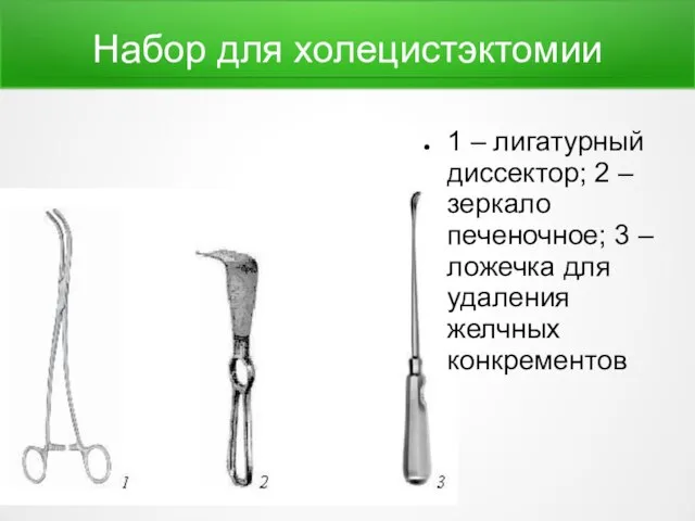 Набор для холецистэктомии 1 – лигатурный диссектор; 2 – зеркало печеночное; 3