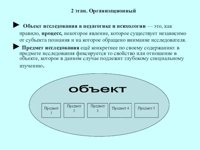 2 этап. Организационный ► Объект исследования в педагогике и психологии — это,