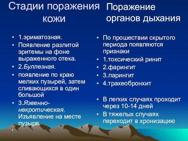 Стадии поражения кожи 1.эриматозная. Появление разлитой эритемы на фоне выраженного отека. 2.Буллезная.